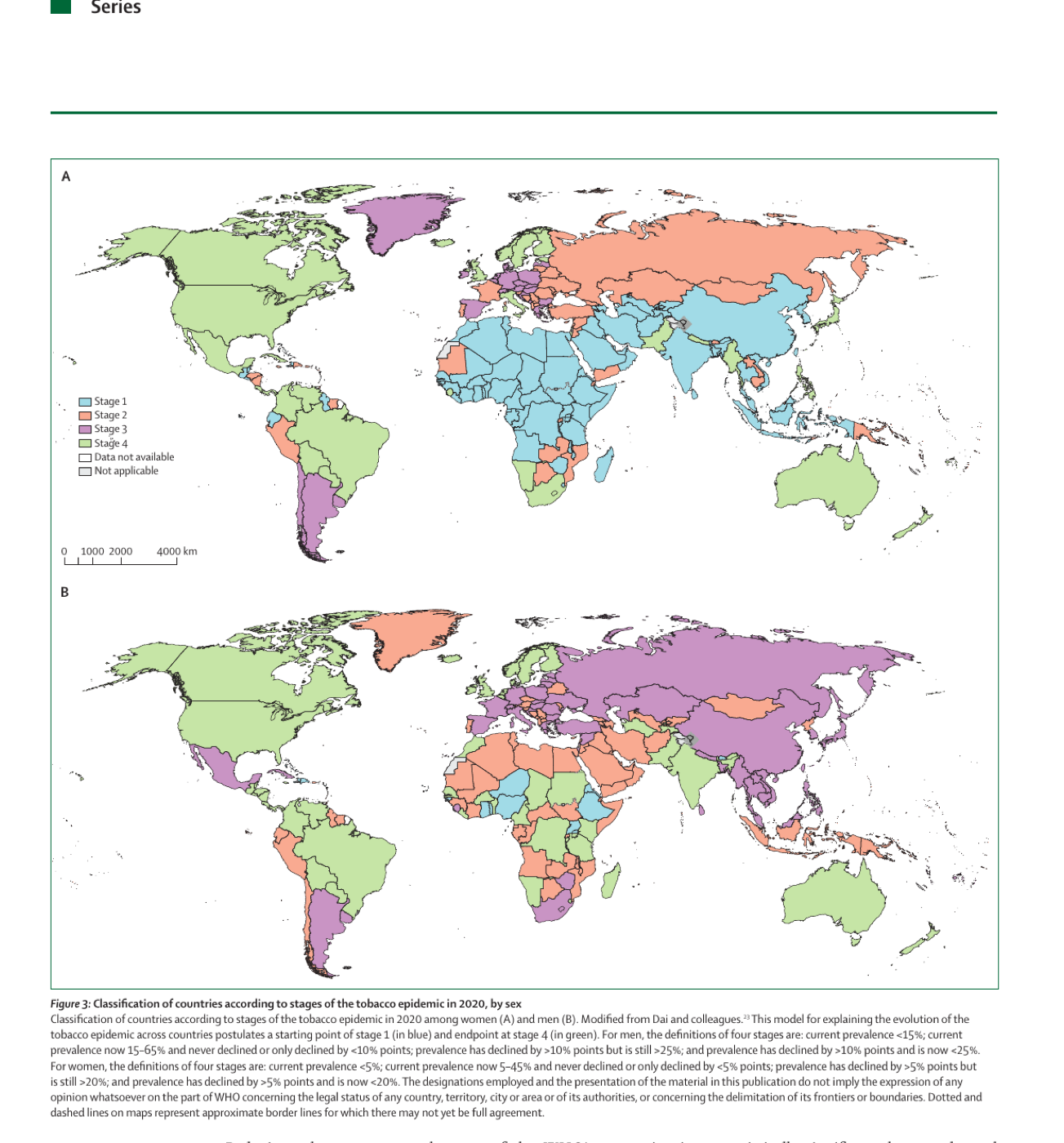 Figure 3: World maps classifying countries according to the four stages of the tobacco epidemic in 2020 — panel A for women, panel B for men — modified from Dai et al.